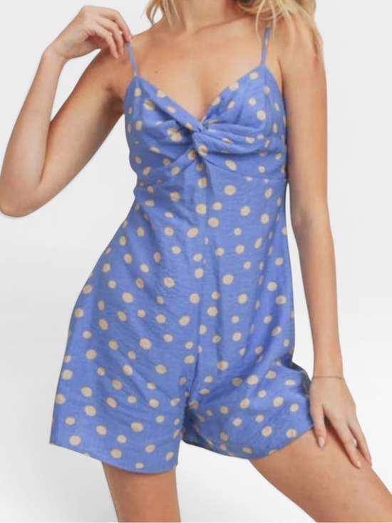 Lush Pants - NWT LUSH Blue & Cream Polka Dot Twist-Front Romper MEDIUM